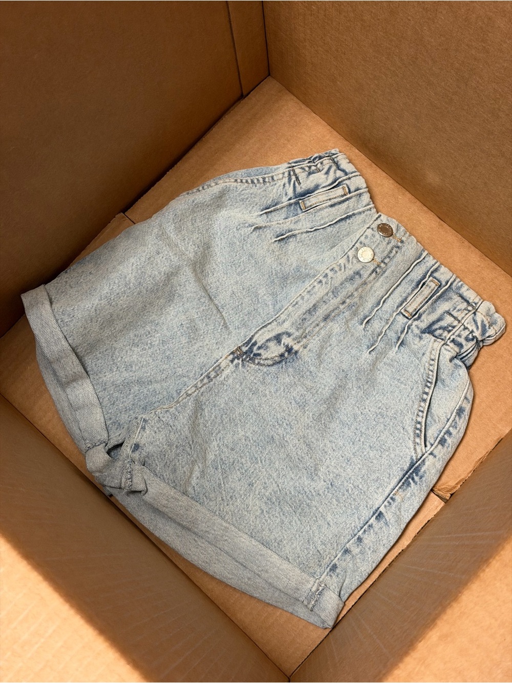 Paperbag Waist Light Blue Denim Shorts - Women's Light Wash